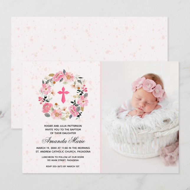 Girl Baptism Watercolor Pink Floral Invitations (Devant / Derrière)