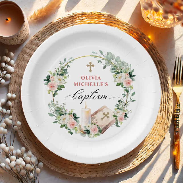 Girl Baptisse Christening Floral Cross Pappteller (Von Creator hochgeladen)