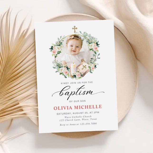 Girl Baptisse Christening Floral Foto Einladung (Von Creator hochgeladen)