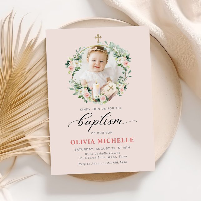 Girl Baptisse Christening Floral Foto Einladung (Von Creator hochgeladen)