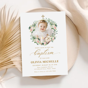 Girl Baptisse Christening Floral Foto Einladung