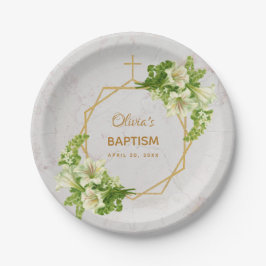 Girl Baptisse Floral Lilies Gold Marble Geometric Pappteller