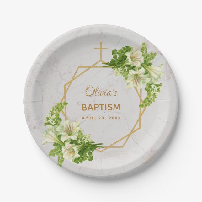 Girl Baptisse Floral Lilies Gold Marble Geometric Pappteller (Vorderseite)
