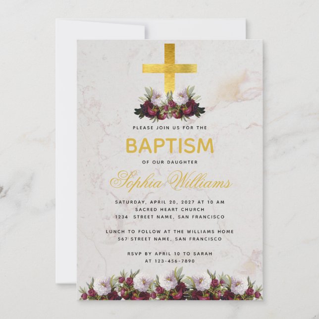 Girl Baptisse Gold Cross Burgundy Peonies Marmor Einladung (Vorderseite)