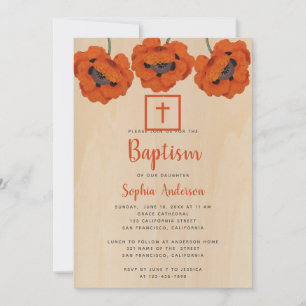 Girl Baptisse Rustic Red Poppies Brown Wood Script Einladung