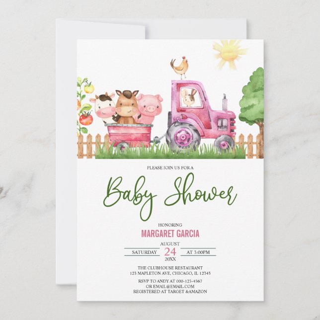 Girl Barnyard Pink Farm Animals Baby Dusche Einladung (Vorderseite)