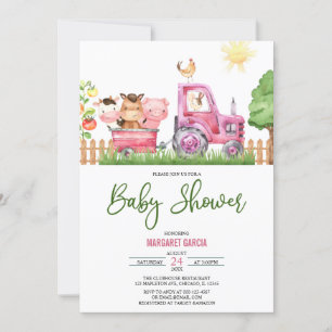 Girl Barnyard Pink Farm Animals Baby Dusche Einladung