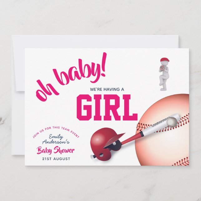 GIRL Baseball Baby Dusche PINK Blue Einladungen (Vorderseite)
