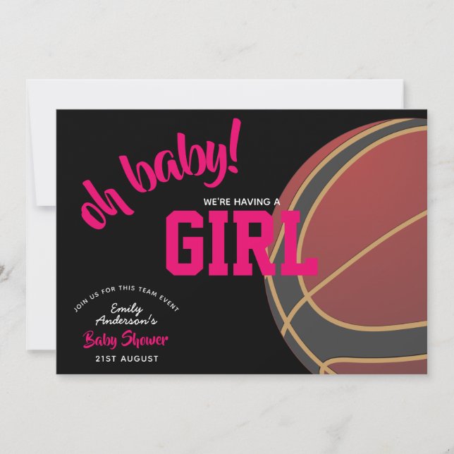 GIRL Baseketball Babydusche Pink Black Invites Einladung (Vorderseite)