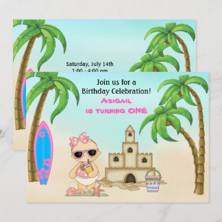 Girl Beach Baby Sandcastle, Surfboard 1. Geburtsta Einladung