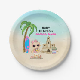 Girl Beach Baby Sandcastle, Surfboard 1. Geburtsta Pappteller