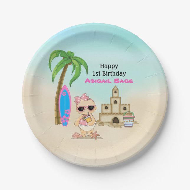 Girl Beach Baby Sandcastle, Surfboard 1. Geburtsta Pappteller (Vorderseite)