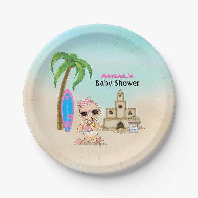 Girl Beach Baby Sandcastle, Surfboard Babydusche Pappteller (Vorderseite)