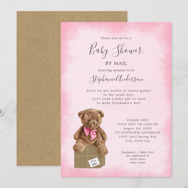 Girl Bear Baby Dusche by Mail Einladung (Vorne/Hinten)