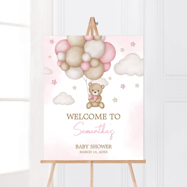 Girl Bear Balloon Baby Dusche Willkommen Poster (Pink Boho Bear Balloon Baby Shower Welcome Sign)