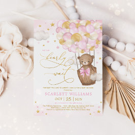 Girl Bear Hot Air Ballon Pink Gold Baby Dusche Einladung