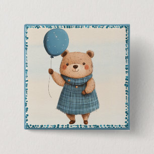 Girl Bear mit blauem Karierten Kleid und Ballon Button