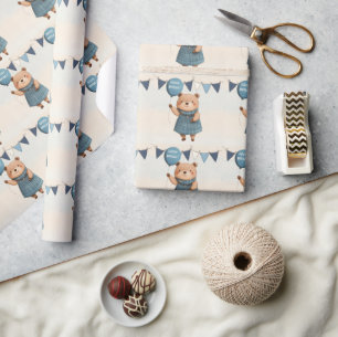 Girl Bear mit blauem Karierten Kleid und Ballon Geschenkpapier