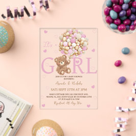 Girl Bear Pink Gold Balloons Babydusche Acryleinladungen
