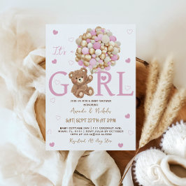 Girl Bear Pink Gold Balloons Babydusche Einladung