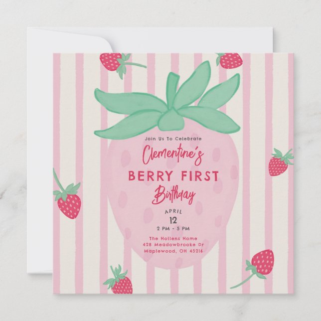 Girl Berry First Birthday Party Invitation (Vorderseite)