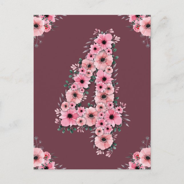 Girl Big 4th Birthday Pink Blume Green Folies Postkarte (Vorderseite)