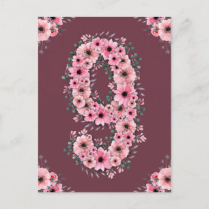 Girl Big 9th Birthday Pink Blume Green Folies Postkarte