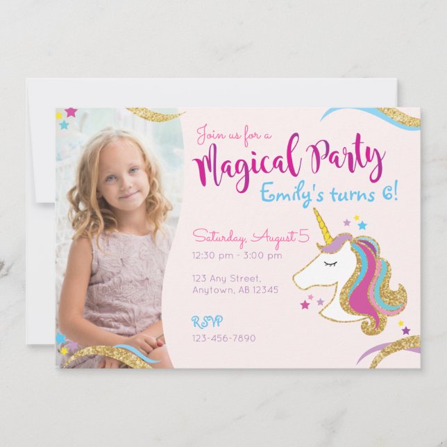Girl Birthday Glitzer Unicorn Magische Einladung (Vorderseite)