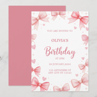 Girl Birthday Invitation Pink Bow Sweet Kids Party Einladung