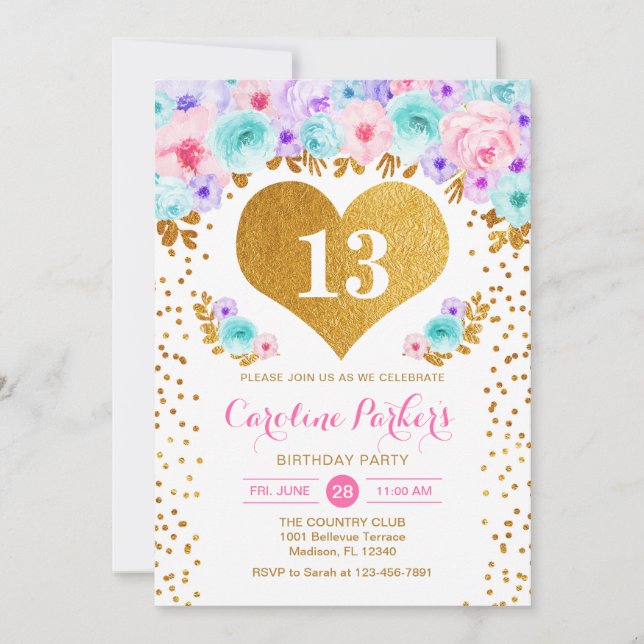 Girl Birthday Party - Goldenes Herz - Aquamarines  Einladung (Vorderseite)