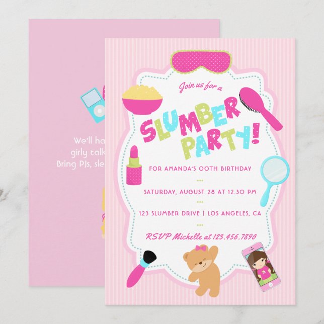 Girl Birthday Slumber Party Einladung (Vorne/Hinten)