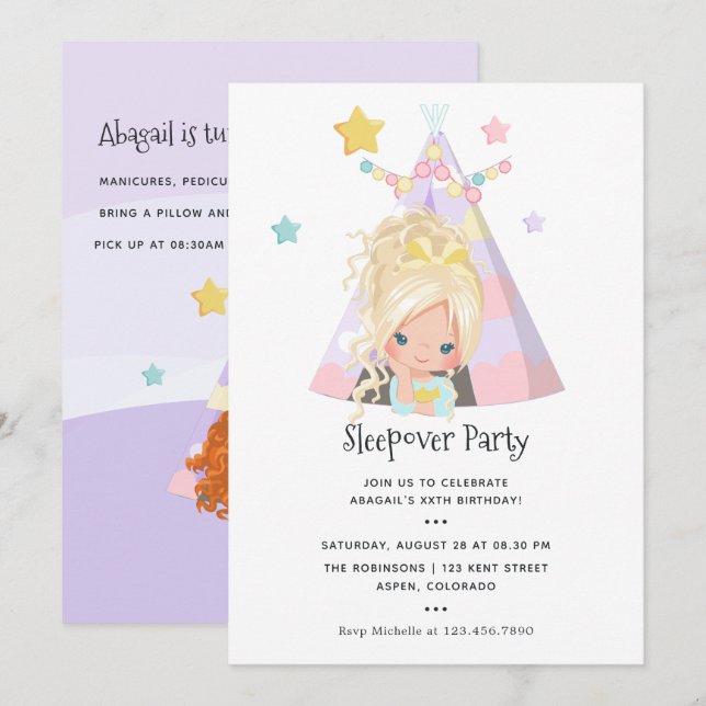 Girl Birthday Slumber Party Einladung (Vorne/Hinten)