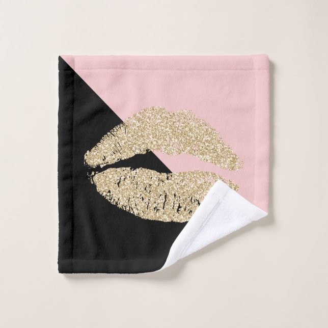 Girl Black Blush Pink Glitzer Lippen Badhandtuch Set (Waschlappen)