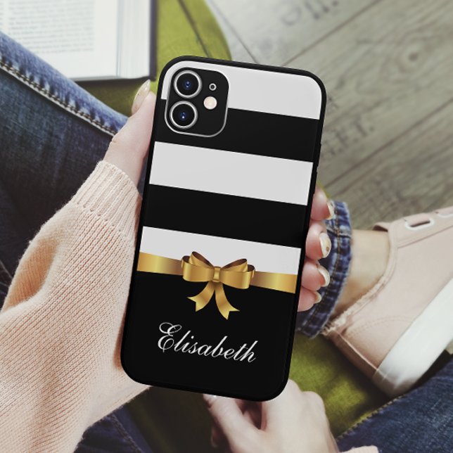 Girl Black Bold Stripes Golden BOW personalisiert Case-Mate iPhone Hülle (Von Creator hochgeladen)