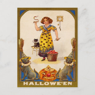 Girl Black Cat Jack O' Lantern Postkarte
