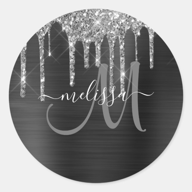 Girl Black Dripping Glitzer Brush Metal Monogram Runder Aufkleber (Vorderseite)