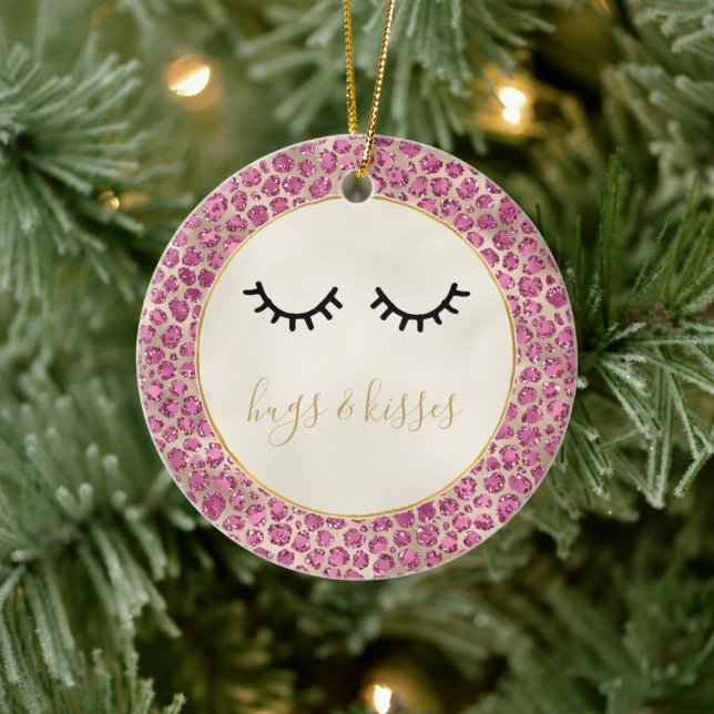 Girl Black Eyelashes Gold Pink Leopard Print Keramik Ornament (Baum)
