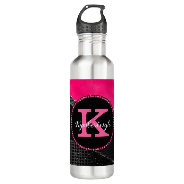 Girl Black Grey Hot Pink Waves Glam Monogram Name Edelstahlflasche (Vorderseite)
