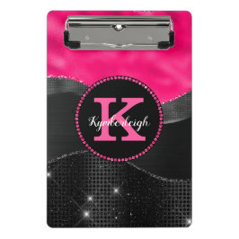 Girl Black Grey Hot Pink Waves Glam Monogram Name Mini Klemmbrett