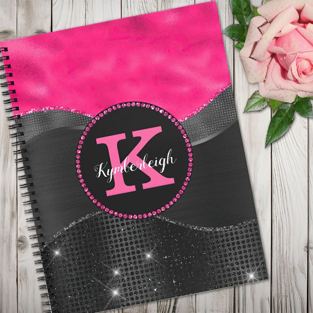 Girl Black Grey Hot Pink Waves Glam Monogram Name Notizbuch (Von Creator hochgeladen)