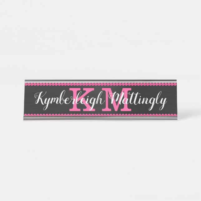 Girl Black Hot Pink Diamonds Glam Monogram Name Schreibtischnamensplakette (Vorderseite )