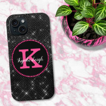 Girl Black Hot Pink Glam Diamond Monogram Name