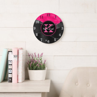 Girl Black Hot Pink Gray Waves Glam Monogram Name Große Wanduhr