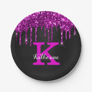 Girl Black Neon Plum Glitzer Tropfen Monogram Name Pappteller