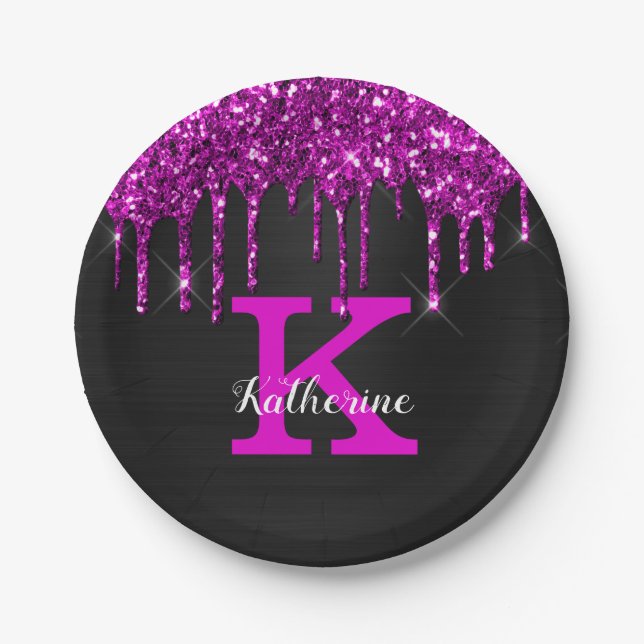 Girl Black Neon Plum Glitzer Tropfen Monogram Name Pappteller (Vorderseite)