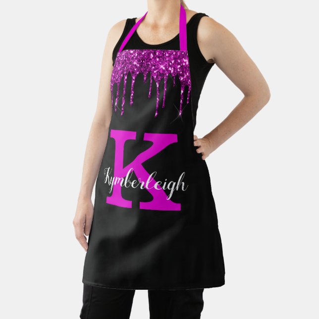 Girl Black Neon Plum Glitzer Tropfen Monogram Name Schürze (InSitu)