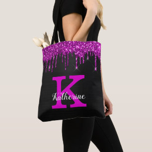 Girl Black Neon Plum Glitzer Tropfen Monogram Name Tasche
