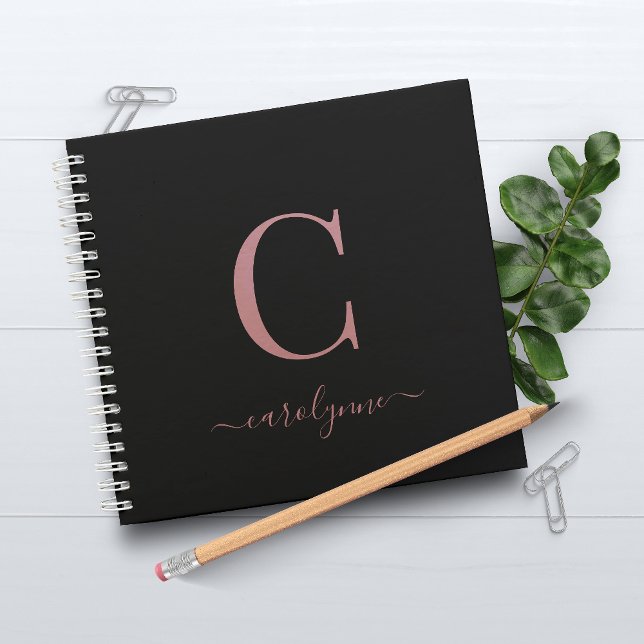 Girl Black Pink Rose Gold Monogram Name Notizbuch (Von Creator hochgeladen)