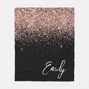 Girl Black Rose Gold Blush Pink Glitzer Monogram Fleecedecke
