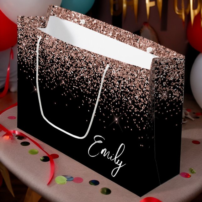 Girl Black Rose Gold Blush Pink Glitzer Monogram Große Geschenktüte (Von Creator hochgeladen)